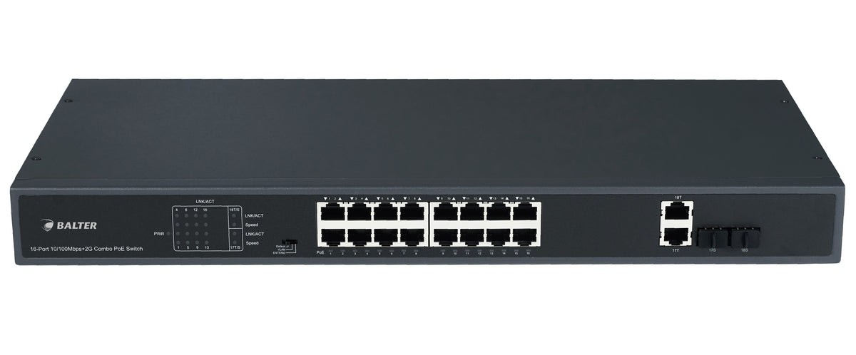 BALTER X ECO Unmanaged PoE Switch mit 16 x 100Mbps PoE Netzwerk-Ports (RJ45) + 2x 1000Mbps Uplink-Ports, 250 Watt, 230V AC –