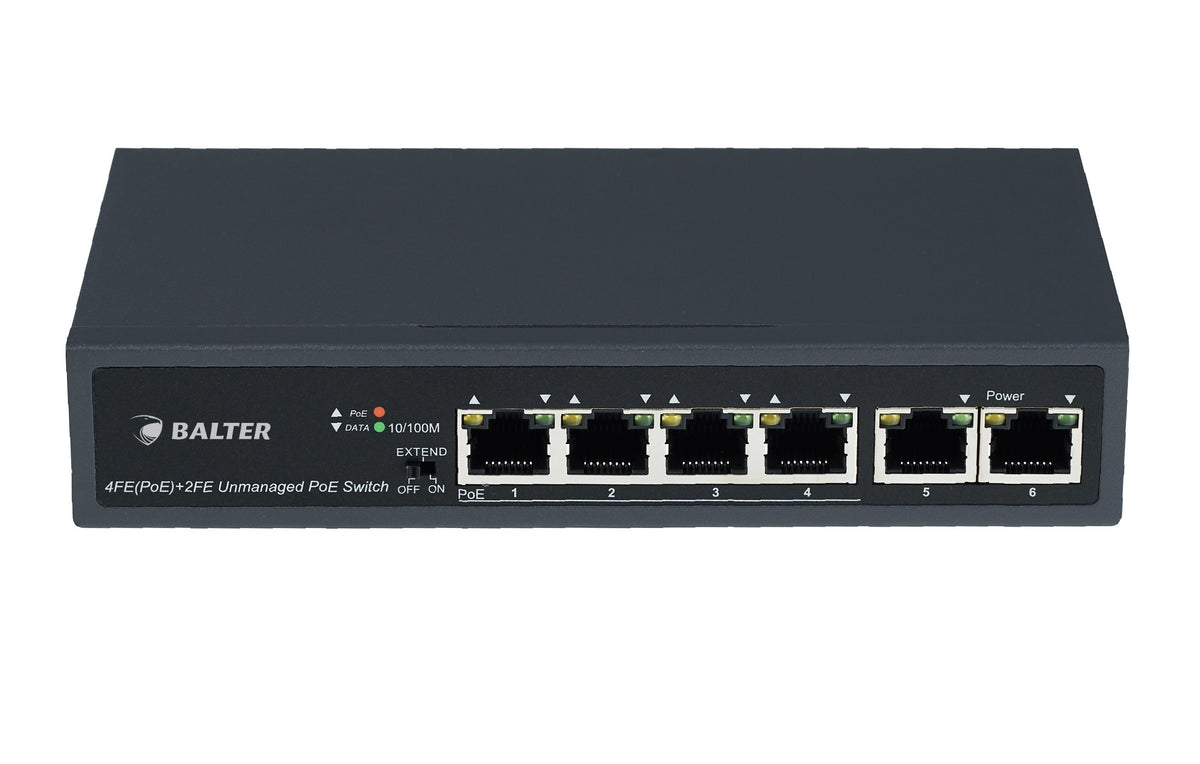 BALTER X ECO Unmanaged PoE Switch mit 6 x 100Mbps Netzwerk-Ports (RJ45) inkl. 4x PoE-Ports, 65 Watt, 230V AC – SW-4POE-S4