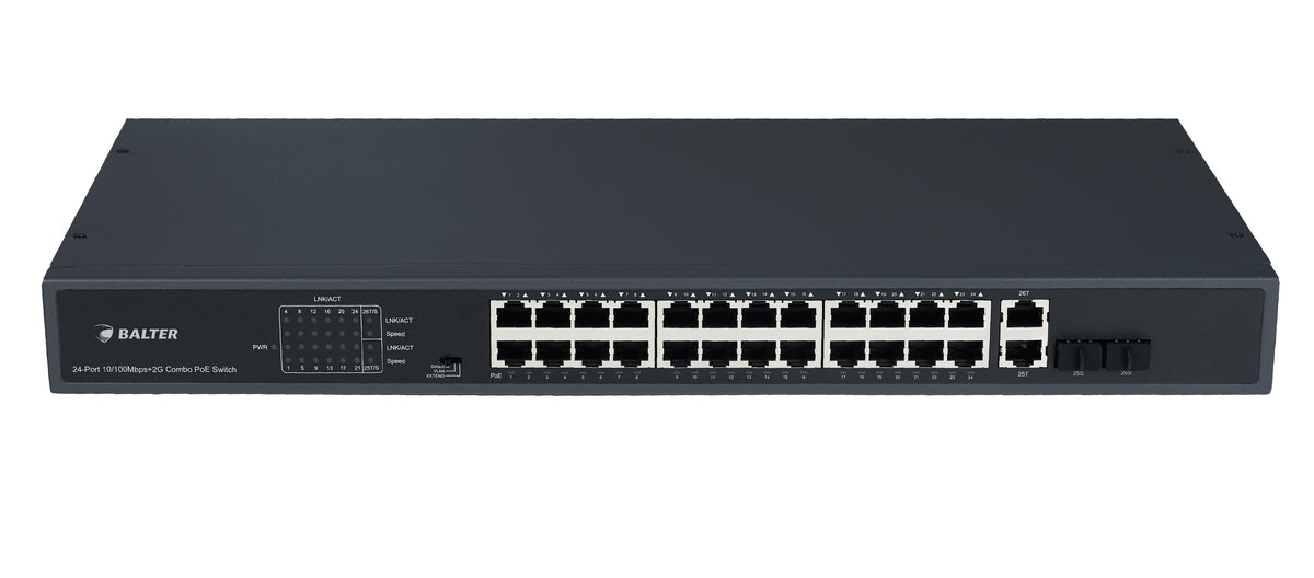 BALTER X PRO Unmanaged PoE Switch mit 24 x 100Mbps PoE Netzwerk-Ports (RJ45) + 2x 1000Mbps Uplink-Ports, 370 Watt, 230V AC –