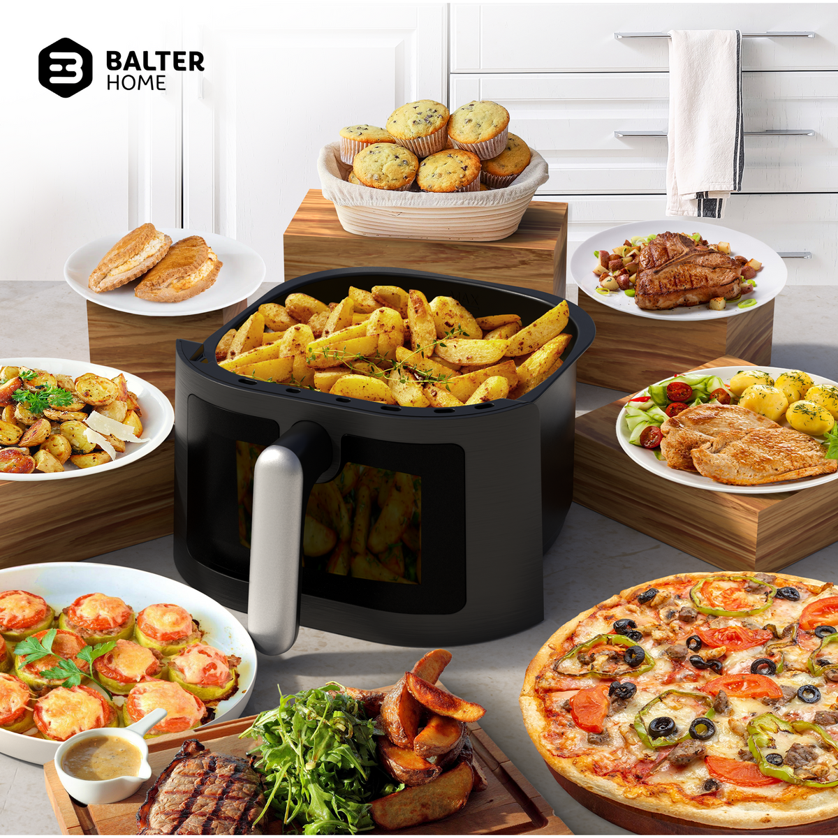Balter Heißluftfritteuse Airfryer, 5,5 L, Friteuse Heissluftfritteuse XXL mit Sichtfenster 12 SMARTE PROGRAMME
