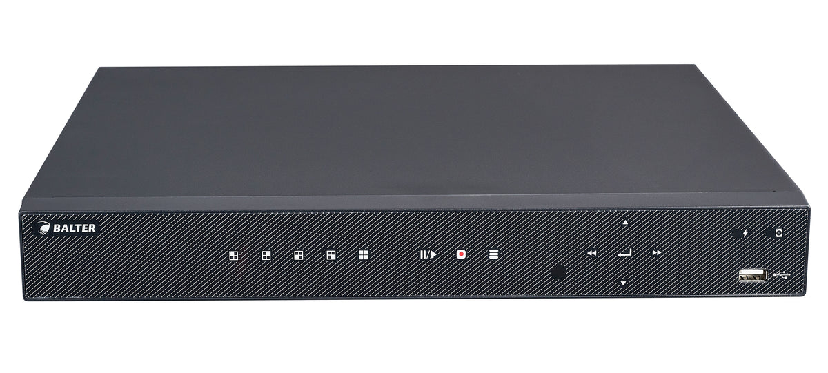 BALTER 16-Kanal PoE 4K Netzwerk Videorekorder, 3840×2160p, H.265, P2P, Videoanalyse, Tripple-Stream, Balter CMS, HDMI 4K, 48V