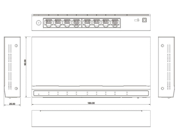 SW-8A-S2 – 8x Port Netzwerk Gigabit Switch, 16Gbps Kapazität, Unmanaged, CCTV-Modus, geschirmte RJ-45 Ports, Lüfterloses Meta