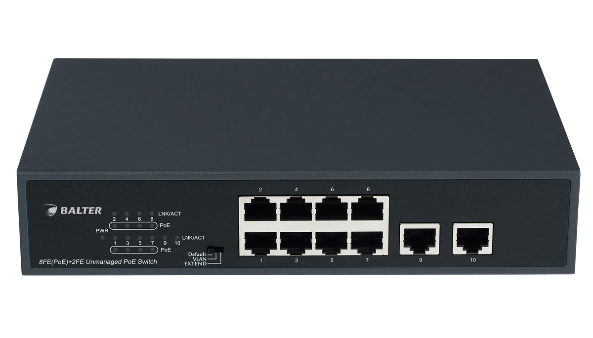 BALTER X ECO Unmanaged PoE Switch mit 10 x 100Mbps Netzwerk-Ports (RJ45) inkl. 8x PoE-Ports, 120 Watt, 230V AC – SW-8POE-S4