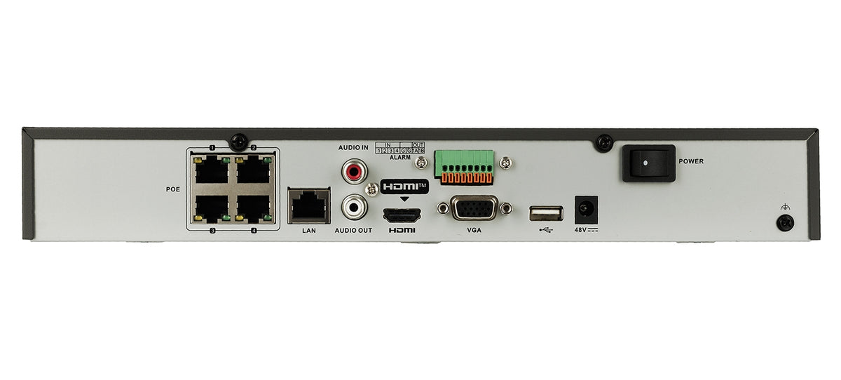 NEOSTAR 4-Kanal 4K UHD PoE NVR, 3840x2160p, 40Mbit, H.265 / H.264, VCA, CMS, HDMI 4K, Cloud P2P, PTZ, Audio IO, Alarm IO, ONV