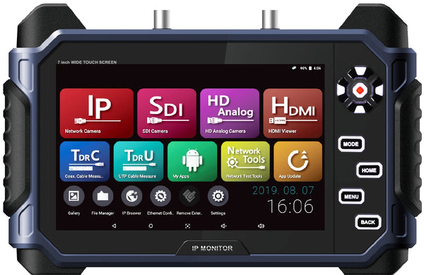 SeeEyes 7" Touchscreen-Testmonitor, 4K UHD, IP H.265 / H.264 + HD-SDI, EX-SDI, Analog HD, CVI, TVI, Analog, RS-485, Audio, HD