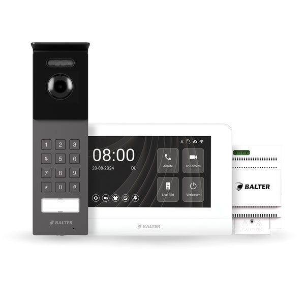 BALTER ENTRI S SET - 2-Draht IP-BUS KIT, Dunkel Graue Full HD Türstation für 1 Teilnehmer, 150° + HD 7" Monitor, Touchscreen 