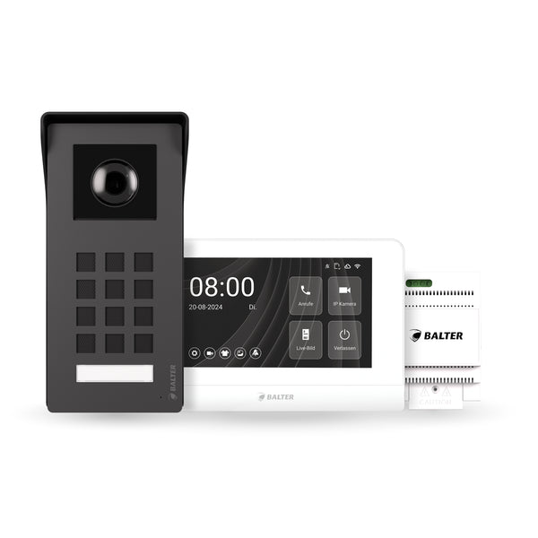 BALTER ENTRI M SET - 2-Draht IP-BUS KIT, Dunkel Graue Full HD Türstation für 1 Teilnehmer, 150° + HD 7" Monitor, Touchscreen 