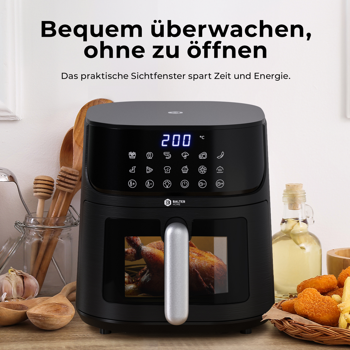 Balter Heißluftfritteuse Airfryer, 5,5 L, Friteuse Heissluftfritteuse XXL mit Sichtfenster 12 SMARTE PROGRAMME