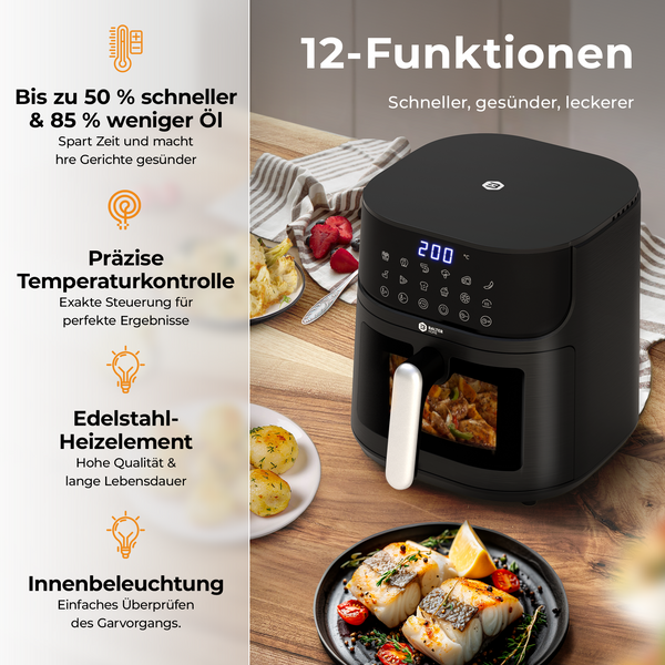 Balter Heißluftfritteuse Airfryer, 5,5 L, Friteuse Heissluftfritteuse XXL mit Sichtfenster 12 SMARTE PROGRAMME